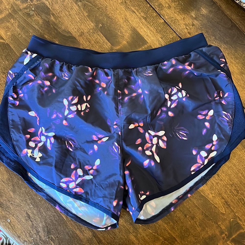 Under Armor Athletic Shorts. Navy with TieDie Flower like print. medium